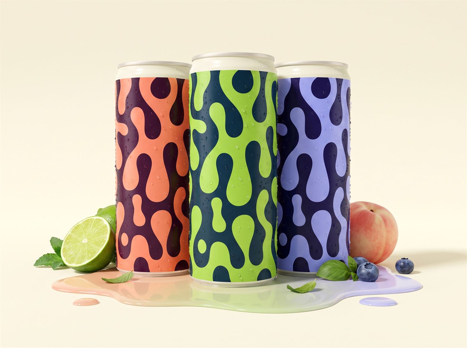 Les trois canettes Gloup, pêche, citron vert et myrtille, dans une flaque commune entourée de fruits