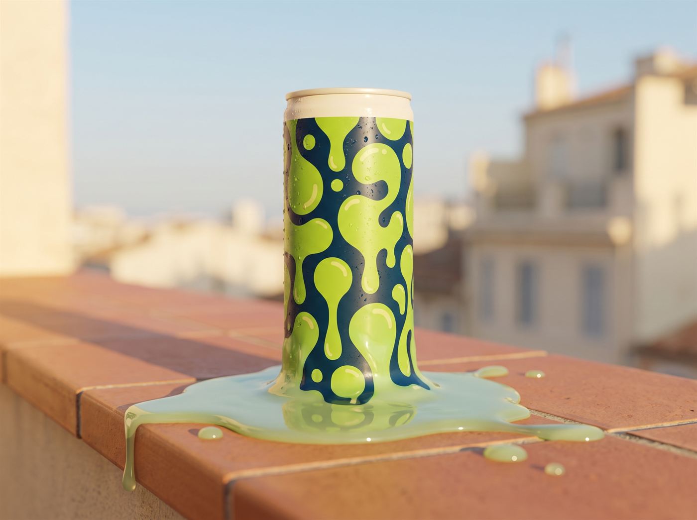 Une canette Gloup oubliée au soleil sur un toit de Marseille, qui fond en flaque verte